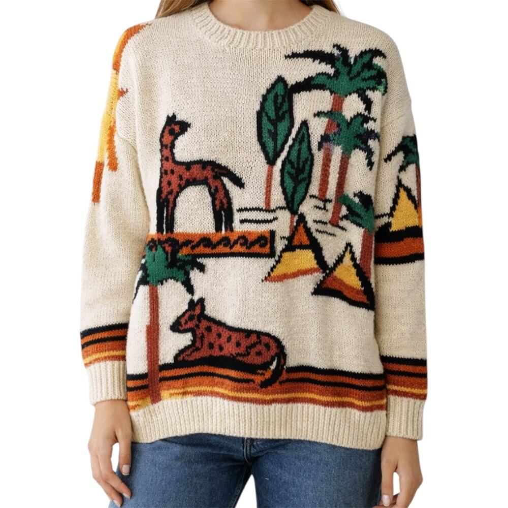 Vintage Gil Aimbez Printed Pullover Sweater Pyramid Oversized Knit Cream Large